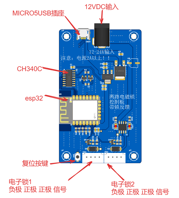 esp8266两路电磁锁控板带反馈输入硬件项目图1