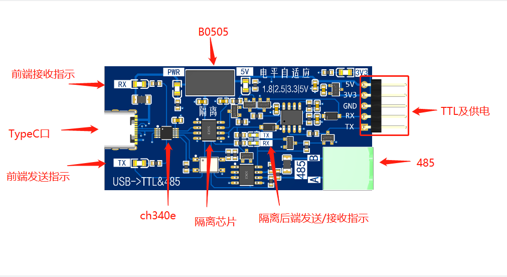 TTL电平自适应USB转串口/485工具硬件项目图1