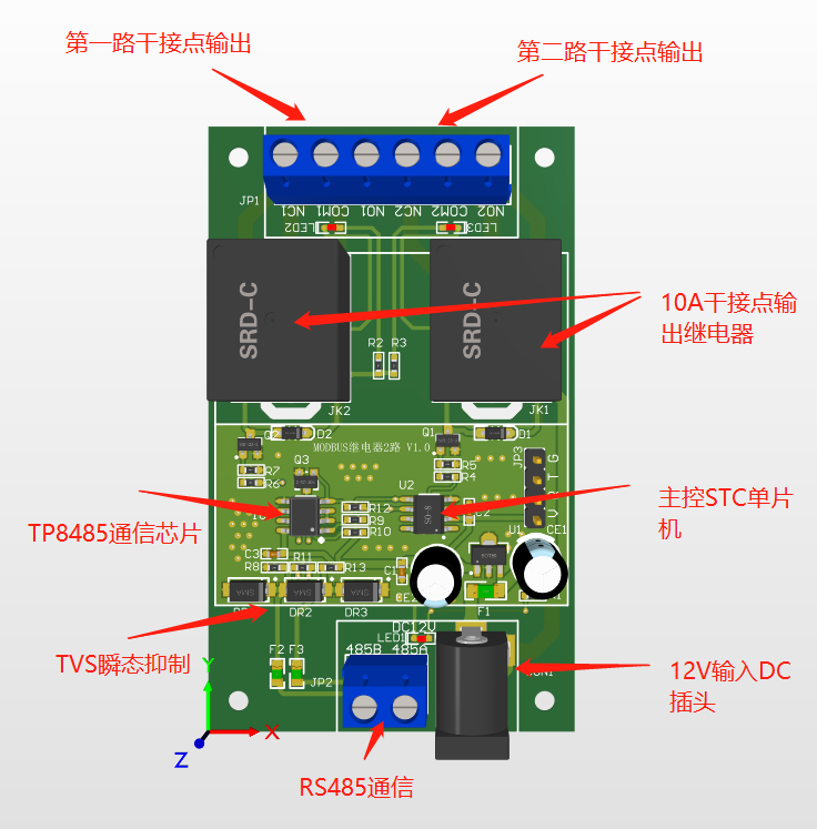 工业MODBUS远程控制两路继电器硬件项目图1